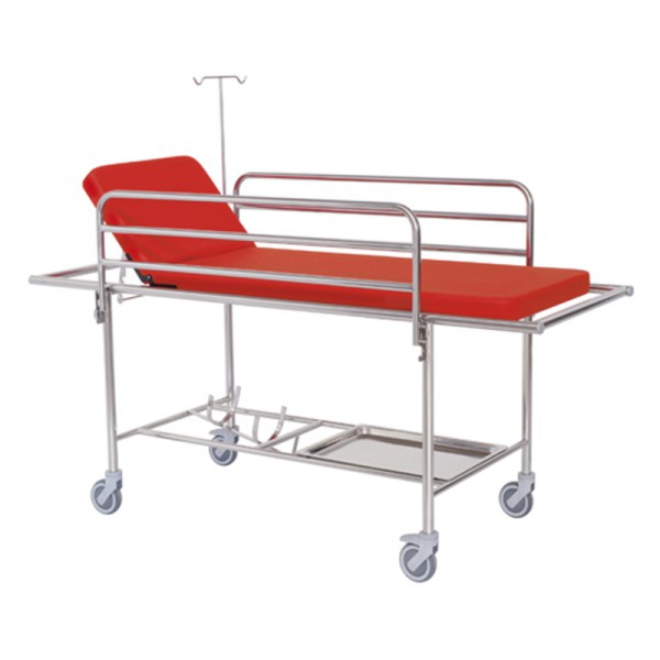 Chariot brancard d'urgence : Acier inoxydable, mains courantes rabattables, plateau inférieur, support solution intraveineuse et support bouteille oxygène (couleurs disponibles)